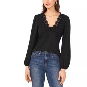 89$ VINCE CAMUTO Lace Trim V-Neck Blouse Shirt Top Women's Size S Rich Black